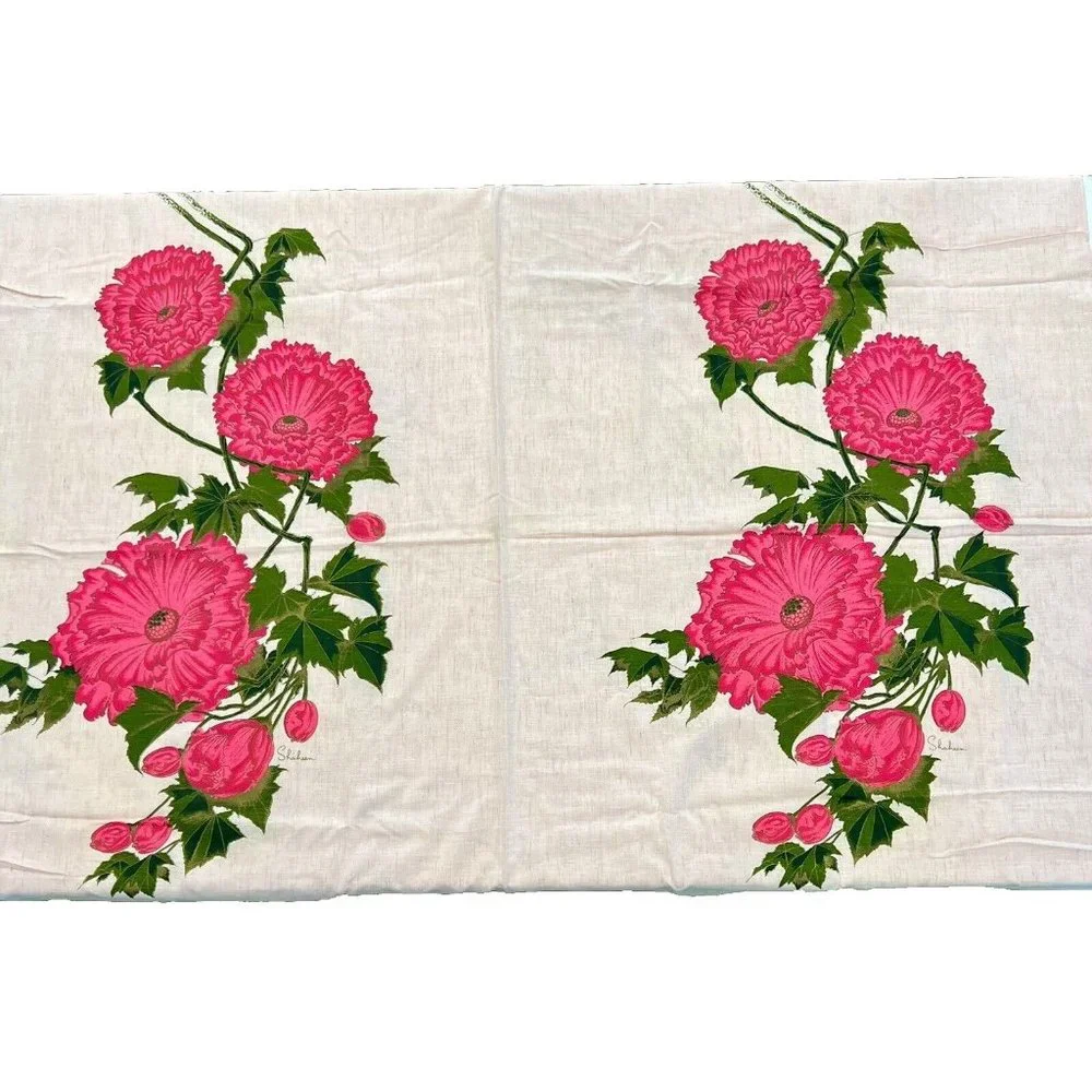 Vintage Alfred Shaheen 2 Panels Linen Fabric Pink Floral Hand Printed 52" x 44" - Picture 3 of 4